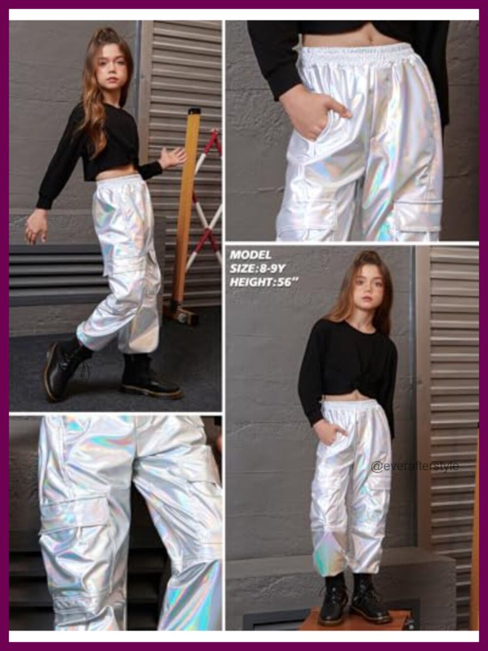 Metallic Cargo Pants for Girls High Waist Joggers Dance Multi-Pocket Elastic - Picture 2 of 6